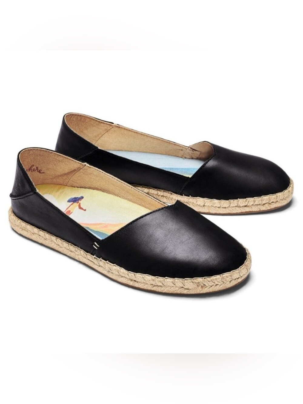 OluKai Kaula Pa'A 'Ili black leather slip-on espadrille flats